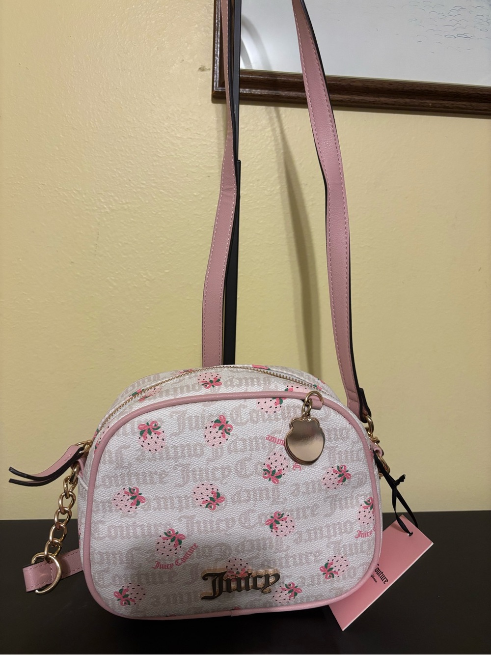Juicy Couture Pink Strawberry Print Crossbody Bag with Gold Accents